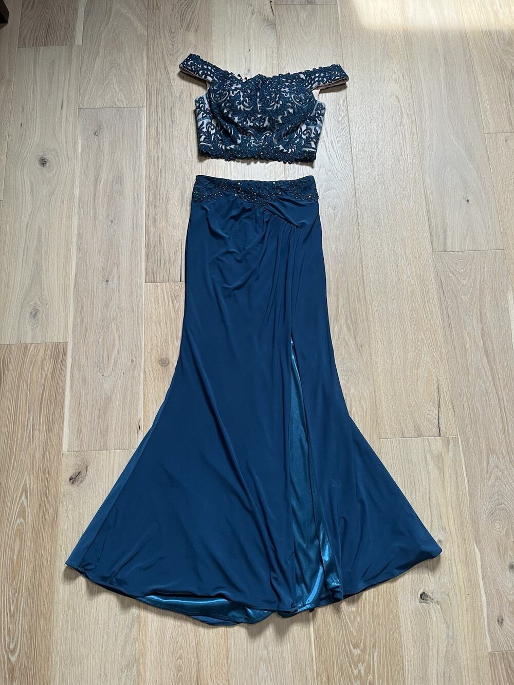 Formal Two Piece Dress Women 2 Teal Bodycon Mermaid Rhinestone Lace Wedding Prom